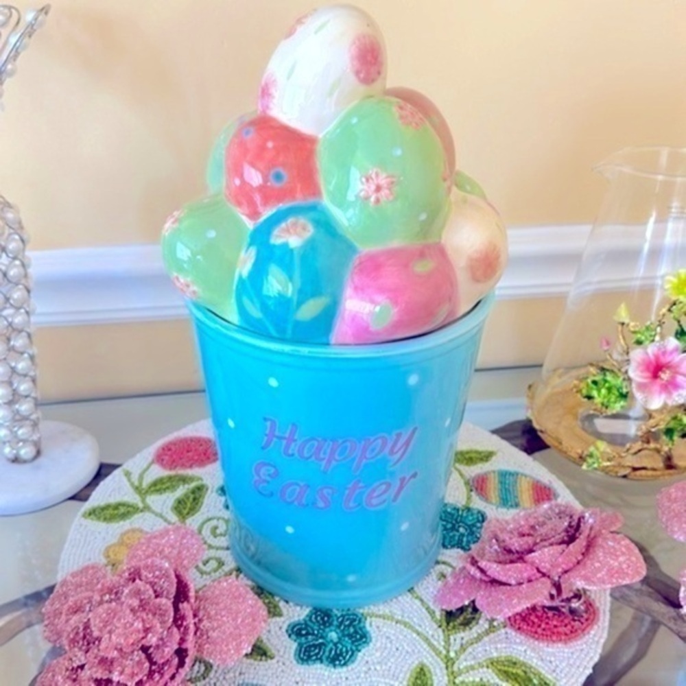 New cookie jar ceramic Happy Easter eggs in bucket glass cookie jar decor